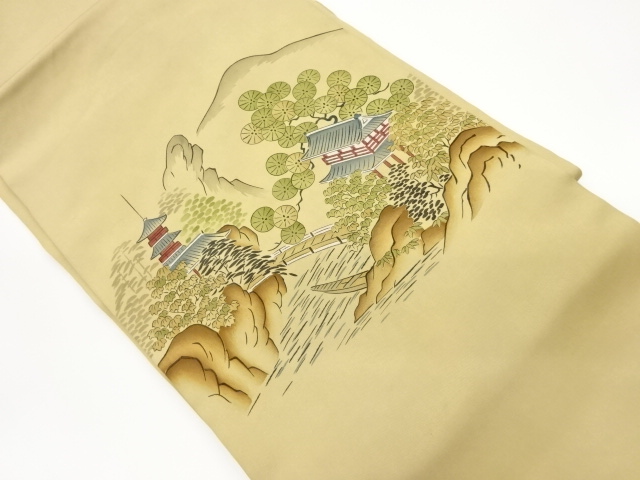 JAPANESE KIMONO / VINTAGE NAGOYA OBI / MOUNTAINS & TOWER & SCENERY